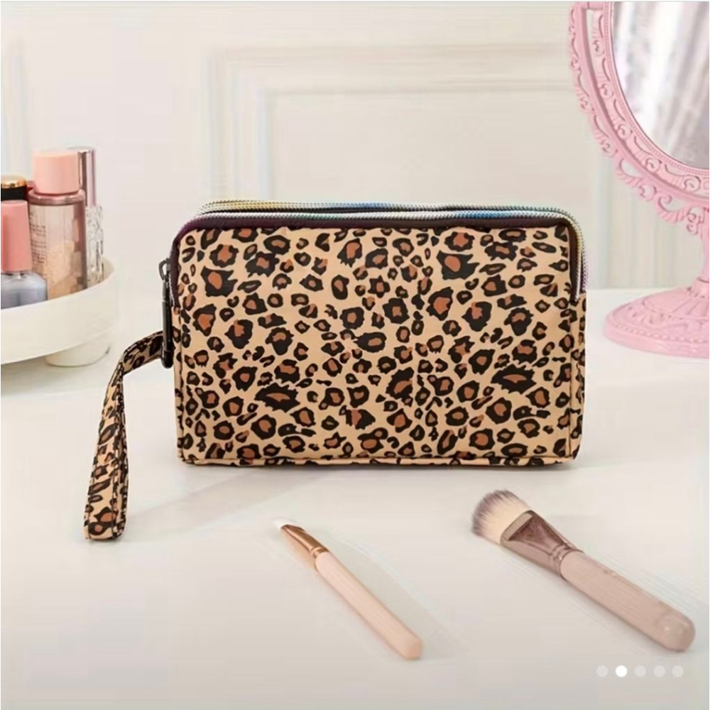 Women's Leopard Print Cosmetic Bag One Size Beige Brown - Picture 2 of 4
